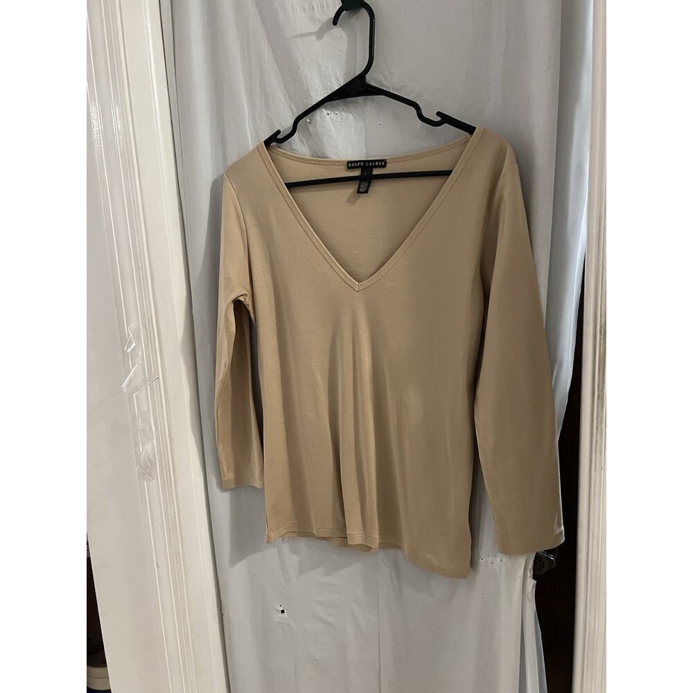Ralph Lauren Tan V Neck Long Sleeve Tee Sz L Preppy Classic Casual Minimalist